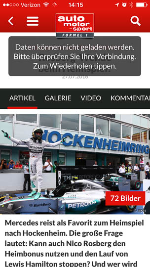 The connection error message appears at the top of a page with titles and teaser images for new articles. The message's semi-transparent background makes it visually stand out without obscuring the content underneath it too much.