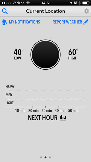 The app's circle that usually displays the current temperature for the selected location is empty, i.e., just a simple black disk. To its left, the