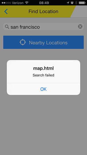The dialog box in front of the location search form curtly states,