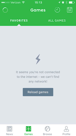 The error message appears directly in the now-empty area that usually lists the game schedule. Below a lightning symbol appears the text,