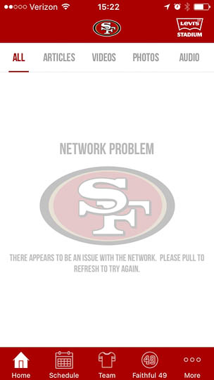 The 49ers logo is displayed at the center of the empty page area. Above it are the words,